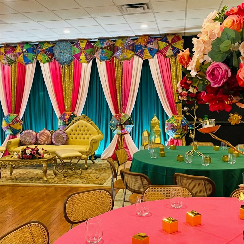 Colorfully decorated restaurant banquet hall with draped stage, ornate seating, floral centerpiece, and round dining tables.