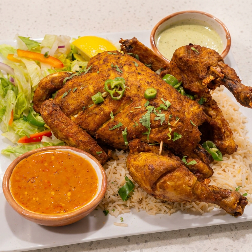 Spiced roasted chicken served over rice with salad, orange dipping sauce, and creamy green sauce.