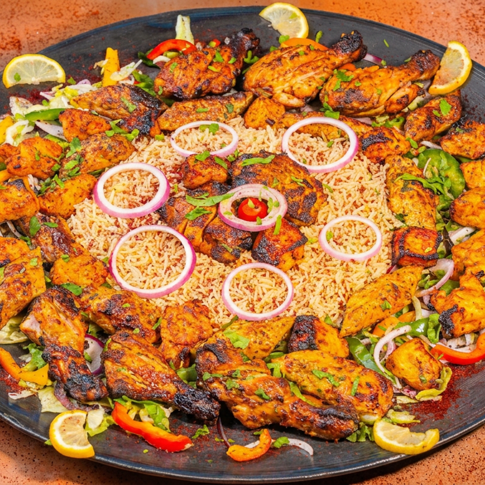 Large platter of grilled spiced chicken and rice garnished with onion rings, peppers, herbs, and lemon wedges.