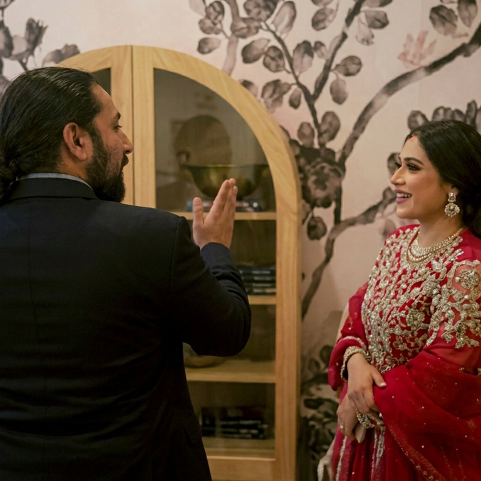 Man in a dark suit speaks with a smiling woman wearing an ornate red traditional dress in an elegant floral-decorated restaurant.