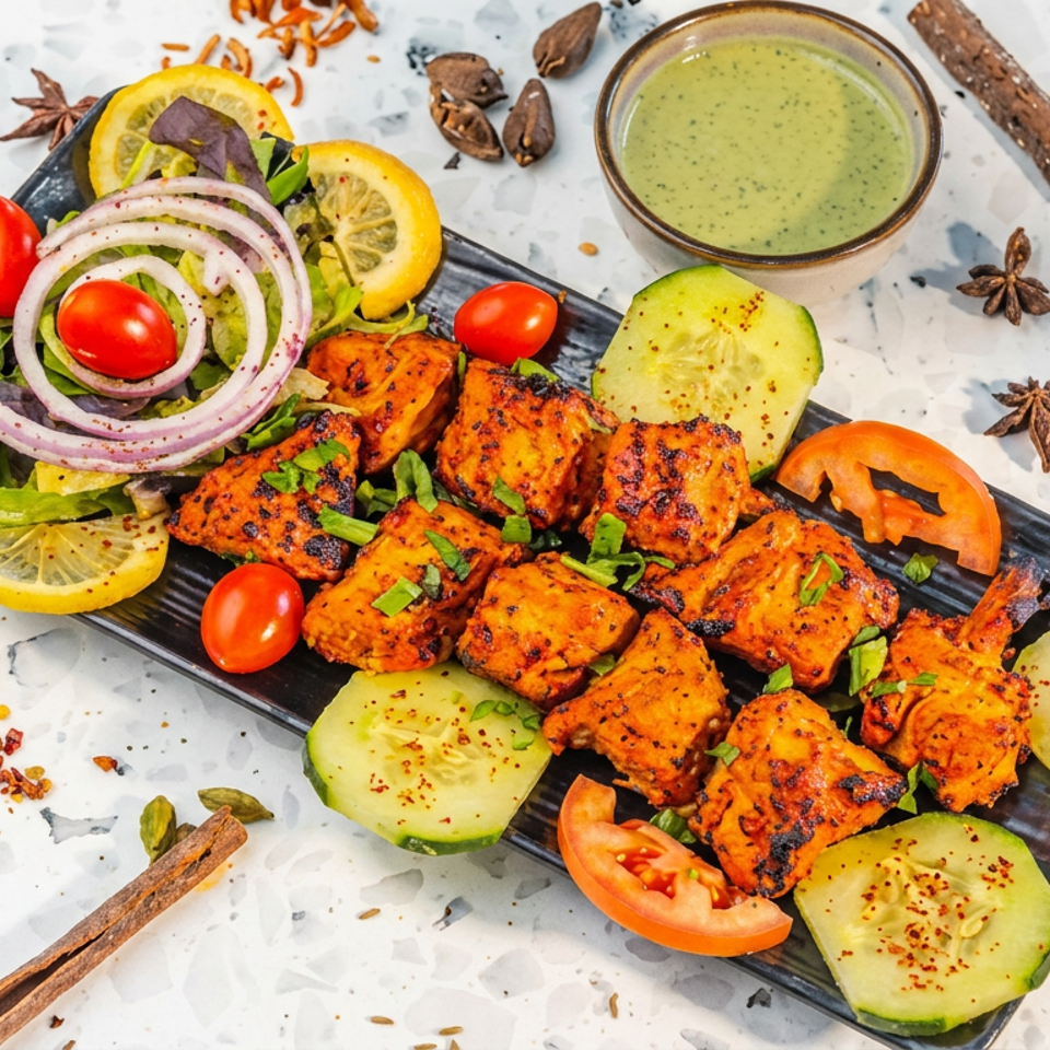 Grilled orange-marinated chicken pieces garnished with herbs, onions, tomatoes, lemons, and cucumbers beside green dipping sauce and spices.