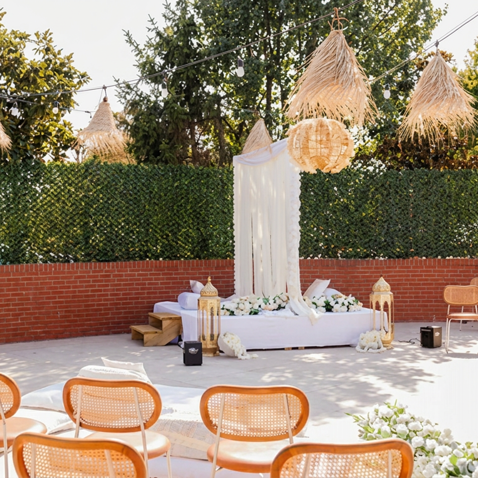 Outdoor wedding ceremony setup with white floral altar, draped fabric, woven decorations, string lights, and rows of cane chairs.