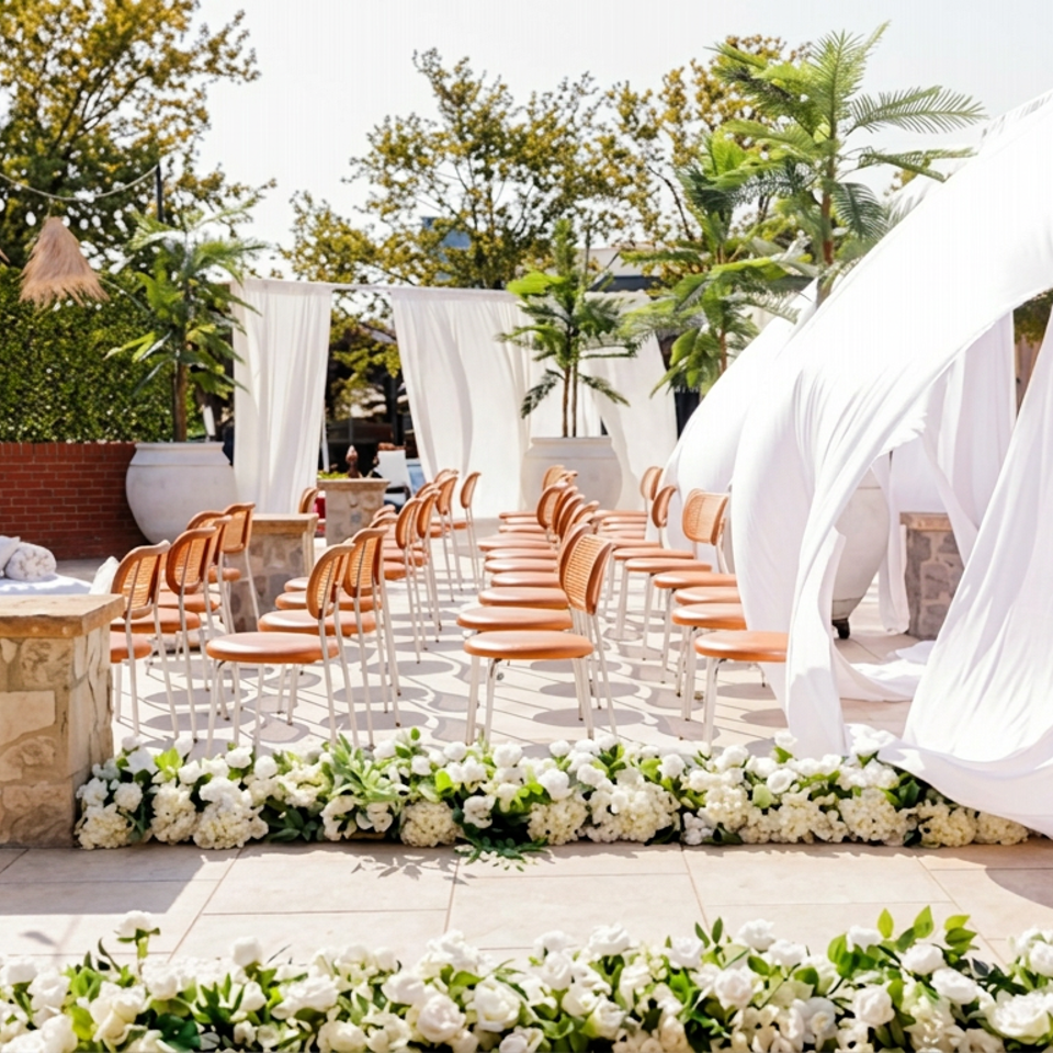 Outdoor wedding ceremony setup with white drapery, floral arrangements, rows of wicker chairs, and tropical greenery.